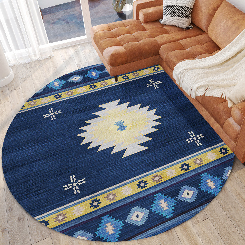 Indoor/Outdoor Phoenix PH4 Navy Machine Washable 8' x 8' Round Rug