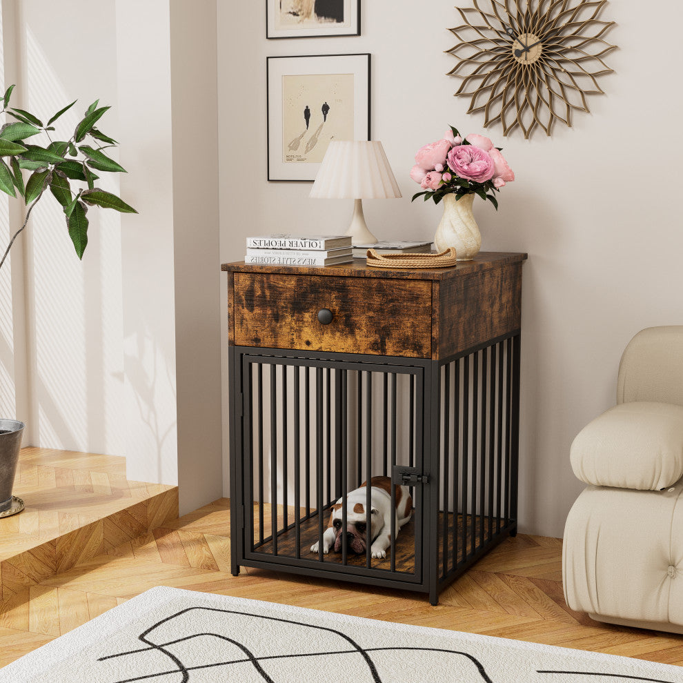 TATEUS Decorative Dog Crate with Drawer & End Table for Small Dogs, Brown