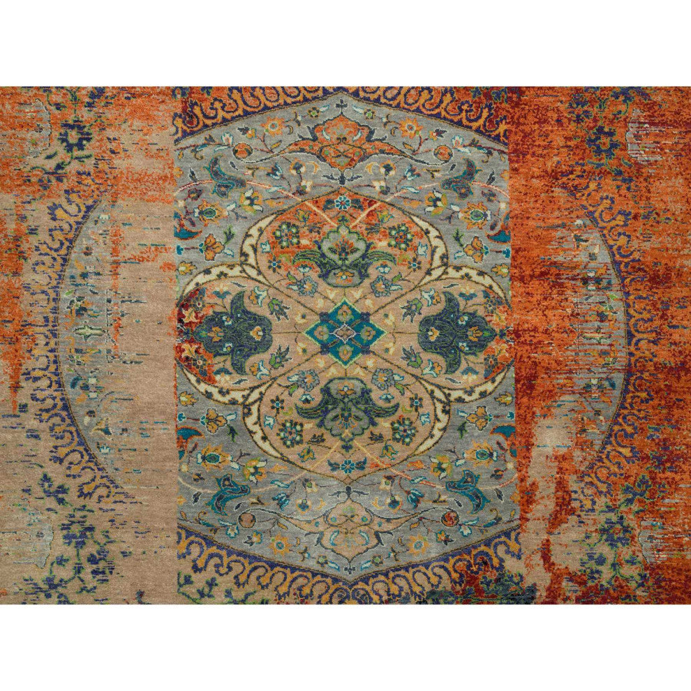 Orange Hand Knotted Ancient Ottoman Erased Design Ghazni Wool Rug 9'2"x12'