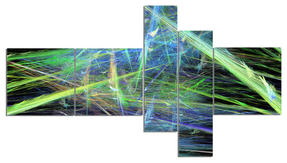 Green Blue Magical Fractal Pattern, Abstract Canvas Wall Art, 60"x32", 5 panels
