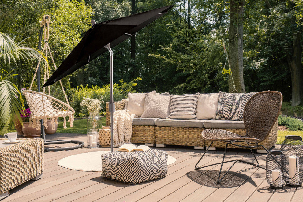 9' Round Push Tilt Market Umbrella, Antique Bronze frame, Sunbrella, Black