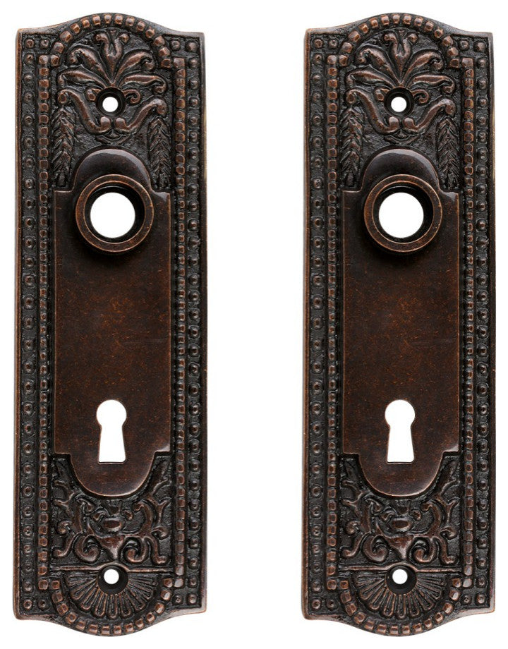 Door Back Plate Oil Rubbed Bronze Solid Brass Beaded With Keyhole 7 1/4" H 2 Set