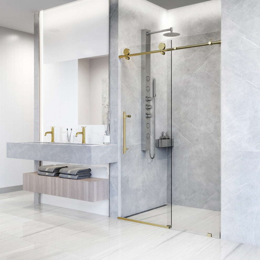 VIGO Elan Hart 56" to 60" W x 76" H Frameless Sliding Shower Door, Matte Brushed Gold, Clear Glass