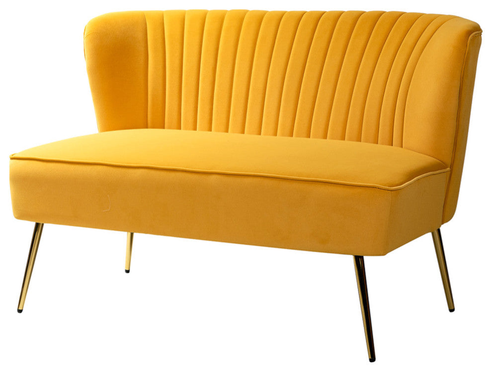 Velvet Tufted Loveseat Sofa With Golden Base, Mustard