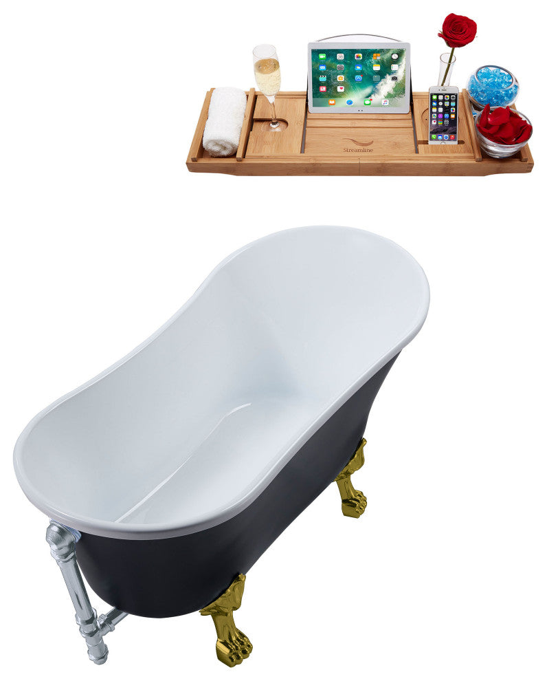 63" Streamline N353BGL-CH Soaking Clawfoot Tub and Tray With External Drain