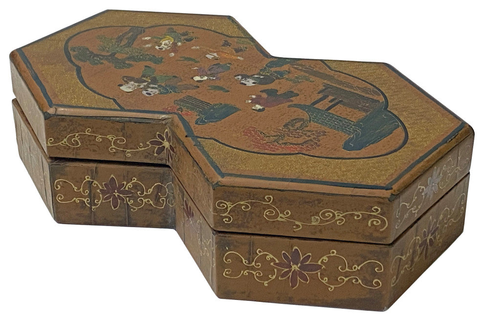 Chinese Distressed Brown People Graphic Rectangular Decagon Shape Box Hws2348