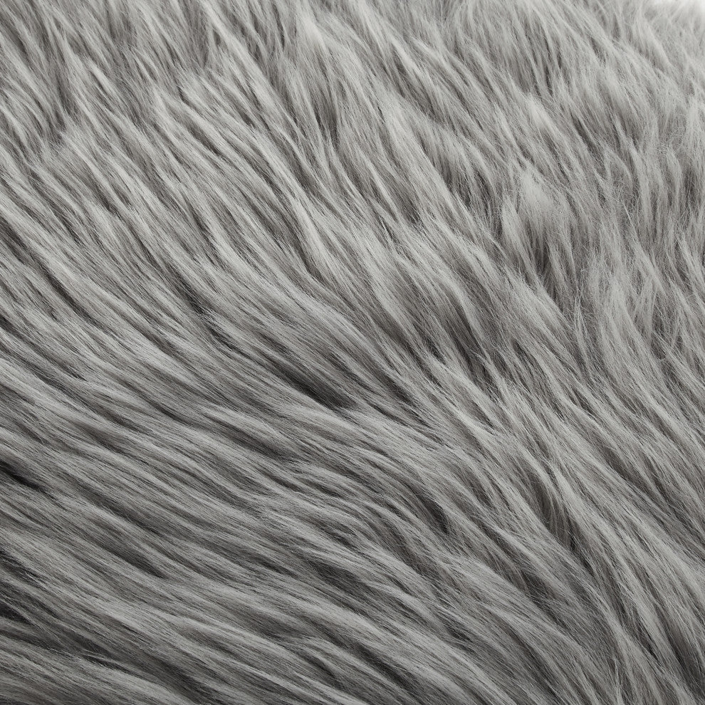 Oria Faux Fur X-Leg Base Bench, Gray and Chrome