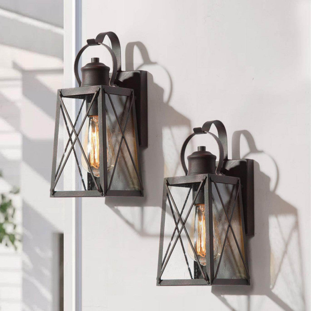 1-Light Seeded Glass X Outdoor Wall Lamp, Set of 2, 12.5"H, Antique Bronze