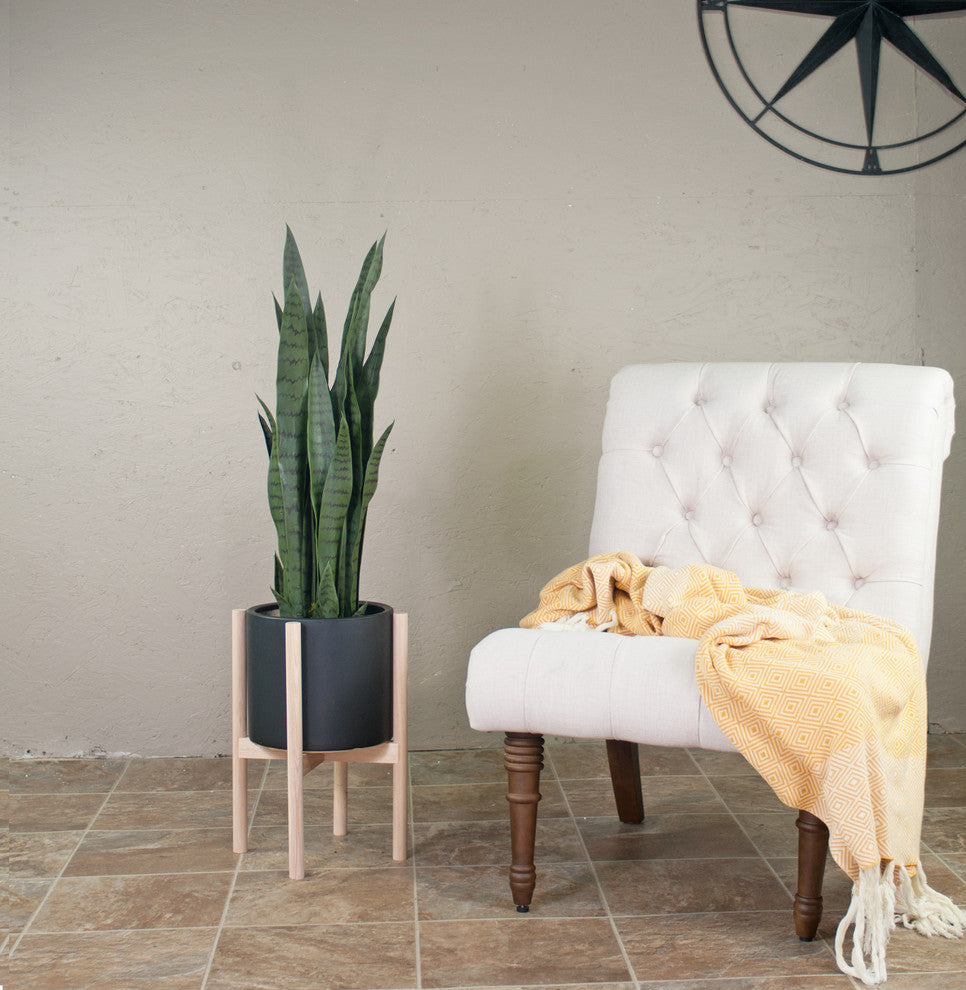 Large Ceramic Cylinder Pot 10" Black With Wood Plant Stand Natural Color