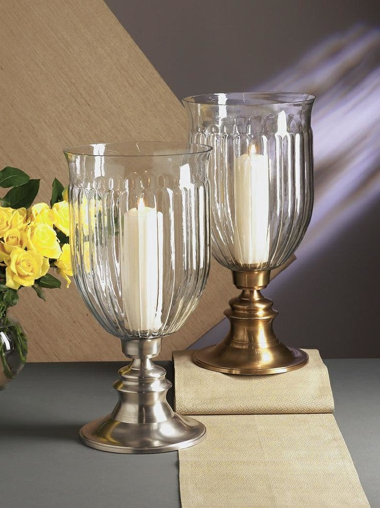 Step Base Hurricane With Green Tint Fluted Glass, Pewter