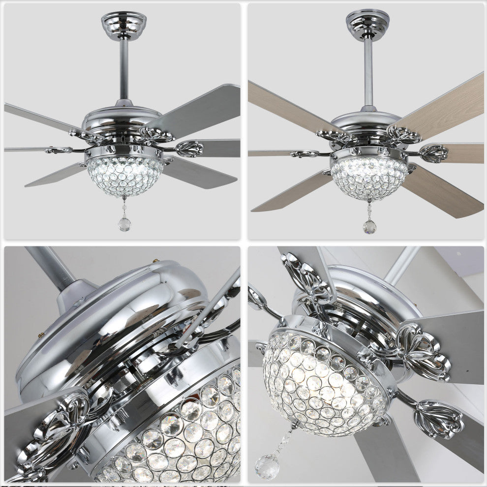 65" Modern Crystal Ceiling Fan with Dimmable LED Light and Remote, Silver