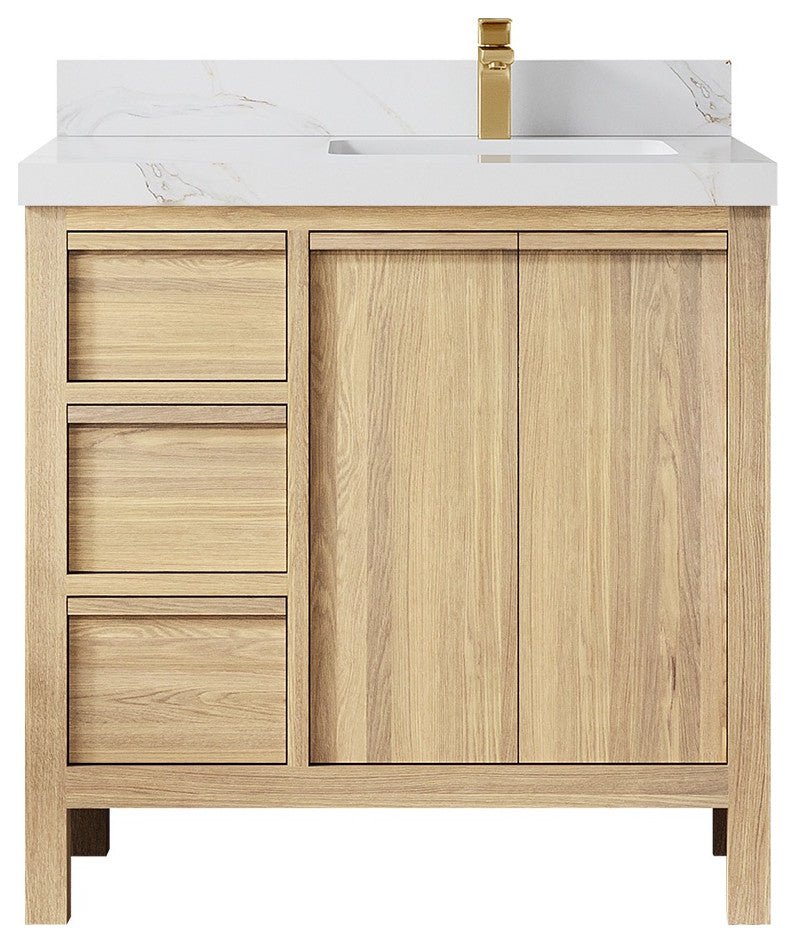 Elizabeth Oak 36" Right Offset Sink Vanity, White 2" Calacatta Sienna