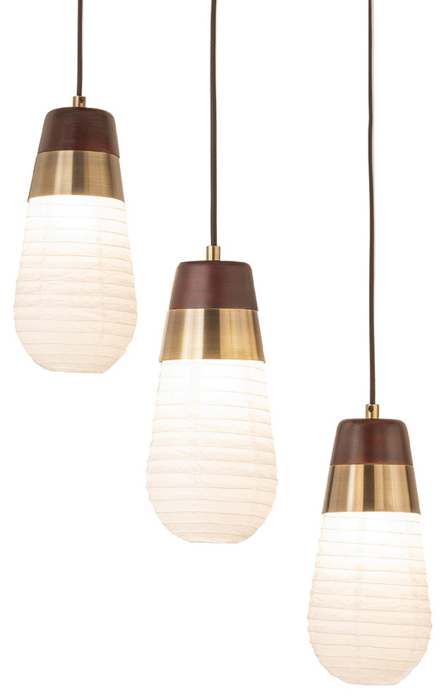 Sunset 3 Light Pendant Lamp - 27", Weathered Brass and Walnut, Hard-wired