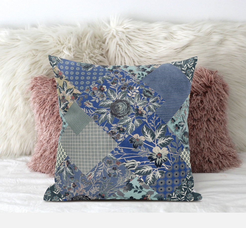 20" Blue Gray Floral Zippered Suede Throw Pillow