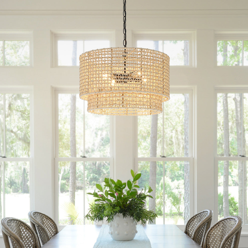 20" 4-Light Rattan Tiered Drum Chandelier Light With Black Canopy