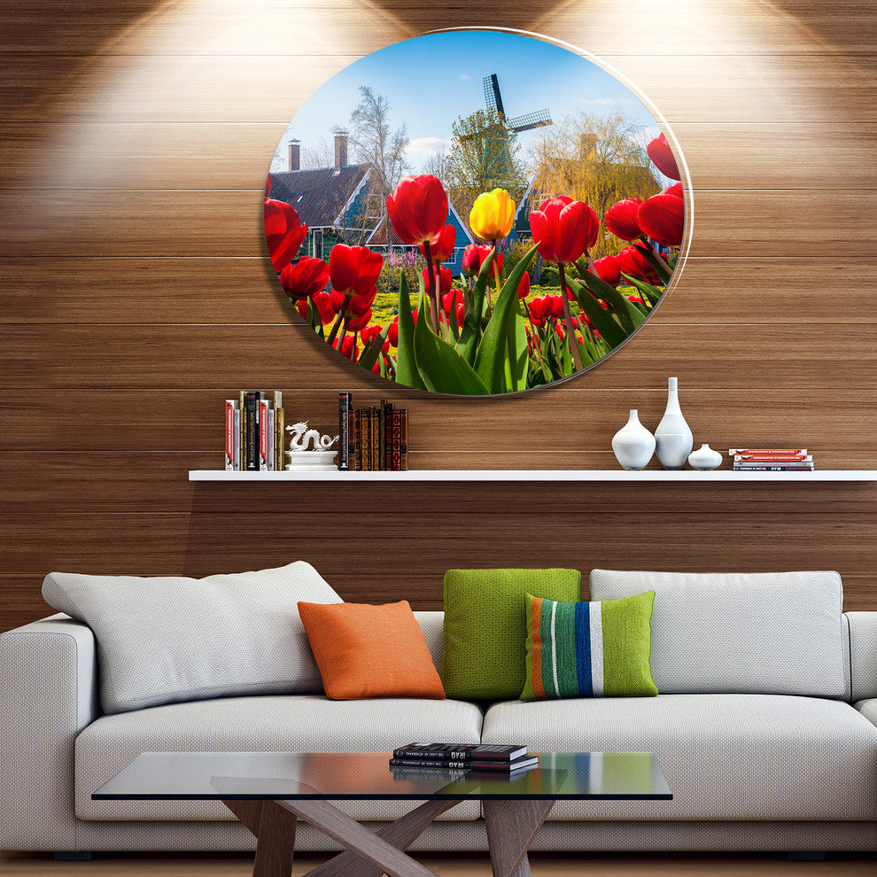 Tulips In The Netherlands Village, Floral Large Disc Metal Artwork, 11"