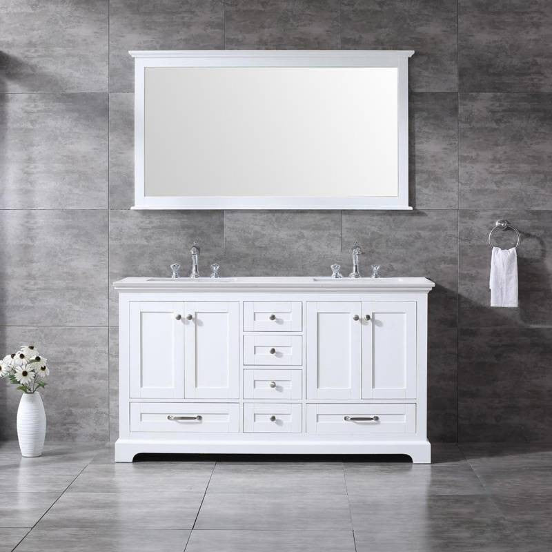 Dukes 60" White Double Square Sink Vanity with Quartz Top, With Faucet and Mirro