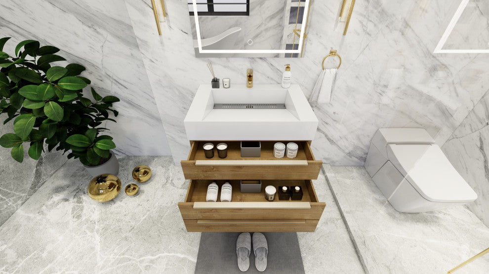 Madison 30" Wall Mounted Vanity With Reinforced Acrylic Sink, Oak