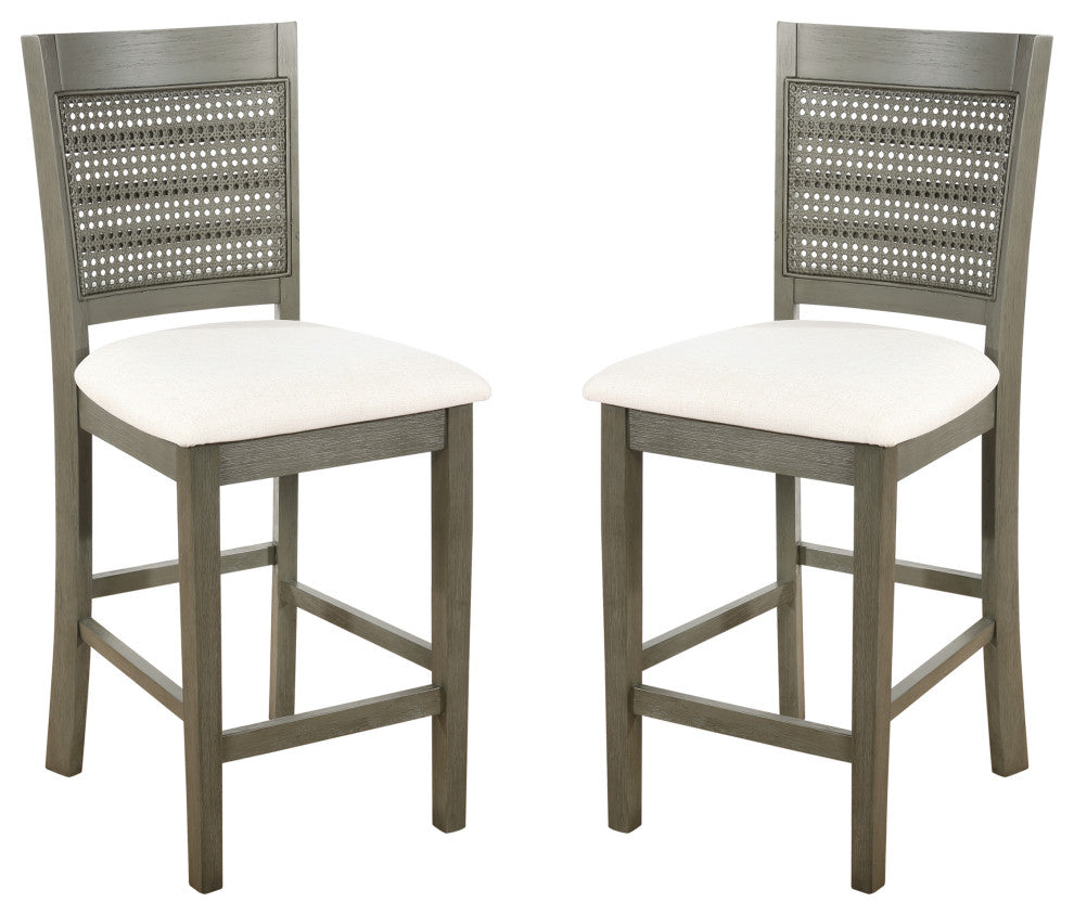 Walden 24" Cane Back Counter Stool With Antique Gray Base and Linen Fabric Seat