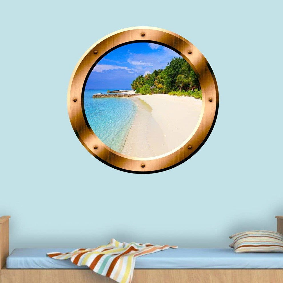 Beach Porthole 3D Ocean View Wall Decal Peel And Stick Decor, 14x14