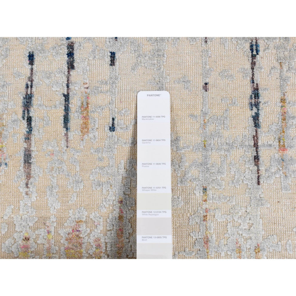 Cream Color The Cardiac Sari Silk With Textured Wool Hand Knotted Rug 8'x10'3"