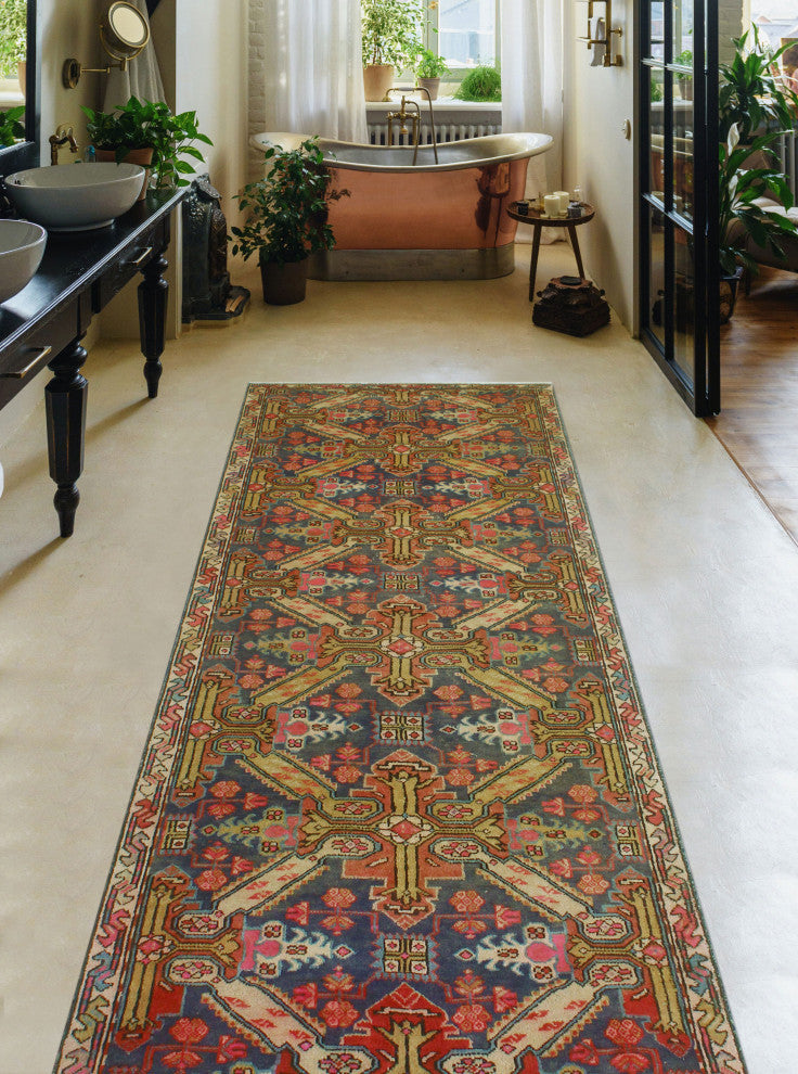 Fine Vintage Distressed Marlee Blue/Gold Runner, 3'1x9'1