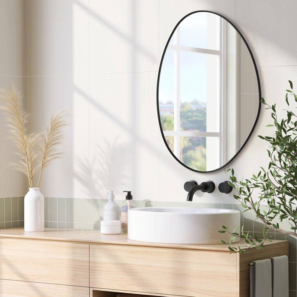 Aura Irregular Framed Bathroom Wall Mirror, Matte Black, 27"