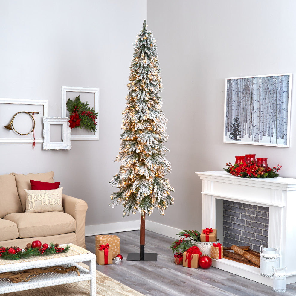 9' Flocked Grand Alpine Faux Xmas Tree W/Lights & Natural Trunk