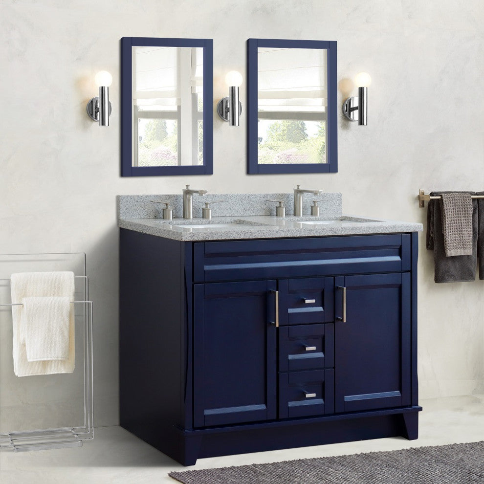 48" Double Sink Vanity, Blue Finish With Gray Granite And Rectangle Sink