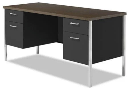 Classic Executive Desk, Chrome Legs & Large Top With Side Drawers, Walnut/Black