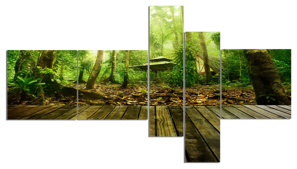 Wooden Platform in Green Forest, Landscape Photo Canvas Print, 60"x32", 5 panels