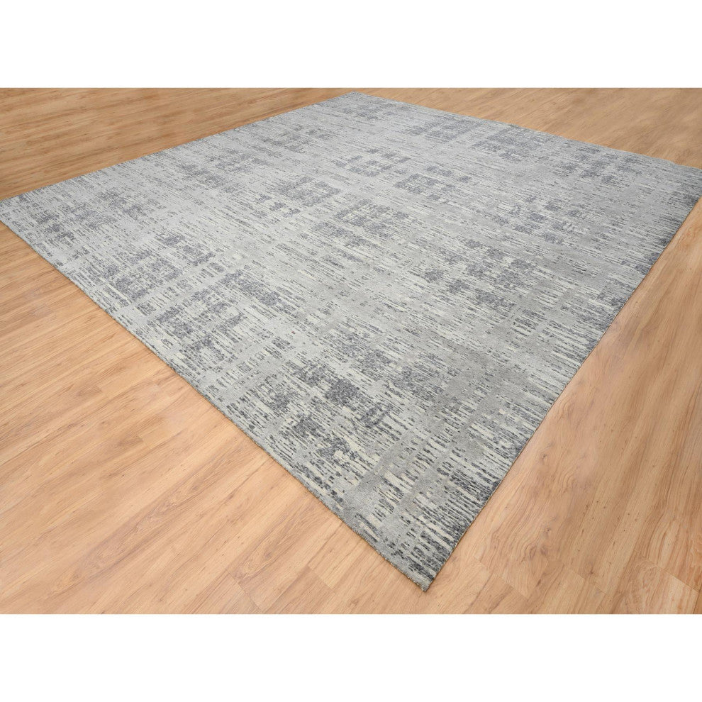 Light Gray, Modern Design, Natural Wool, Hand Knotted Square Rug, 13'7"x14'0"