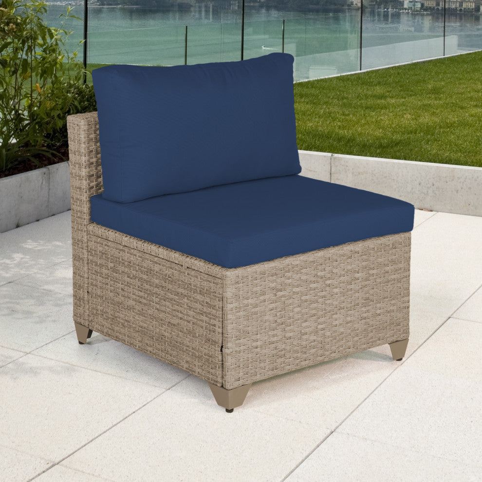 Maui Outdoor Armless Sofa, Natural Aged Wicker, Cobalt