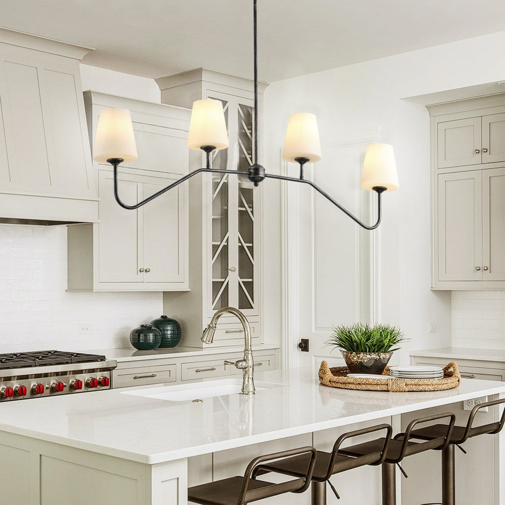 Modern 4-Light Milk White Glass Shade Chandelier for Kitchen Island, Black