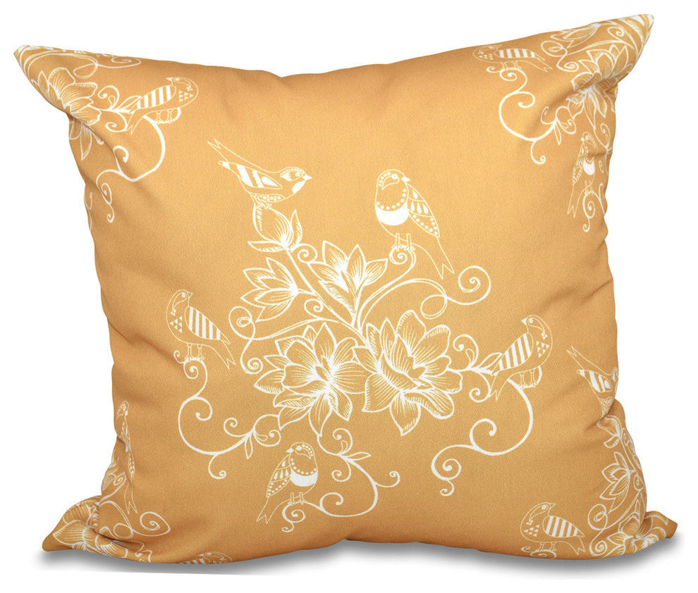 Morning Birds, Floral Print Pillow, Gold, 16"x16"