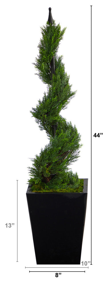 44" Cypress Spiral Topiary Artificial Tree, Black Metal Planter