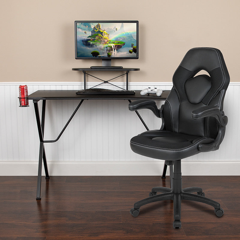 Gaming Desk and Racing Chair Set-Cup Holder, & Monitor/Smartphone Stand, Black