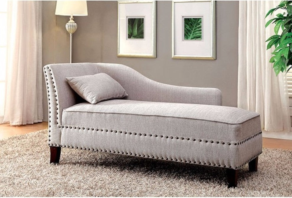 Fabric Upholstered Chaise With Pillow And Nailhead Trim, Light Gray