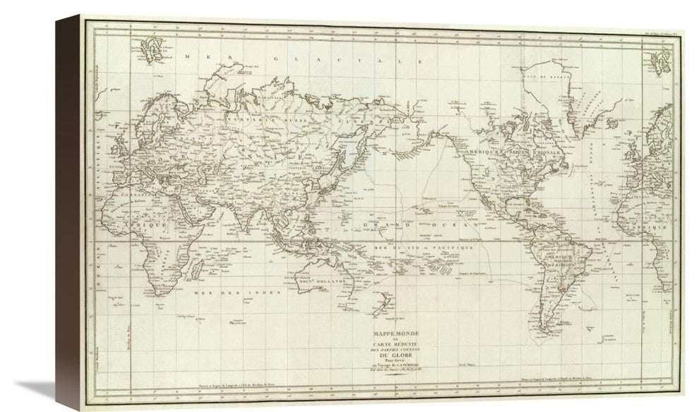 "Mappemonde, 1797" Canvas Giclee by Jean-Francois de Galaup La Perouse, 22"x14"