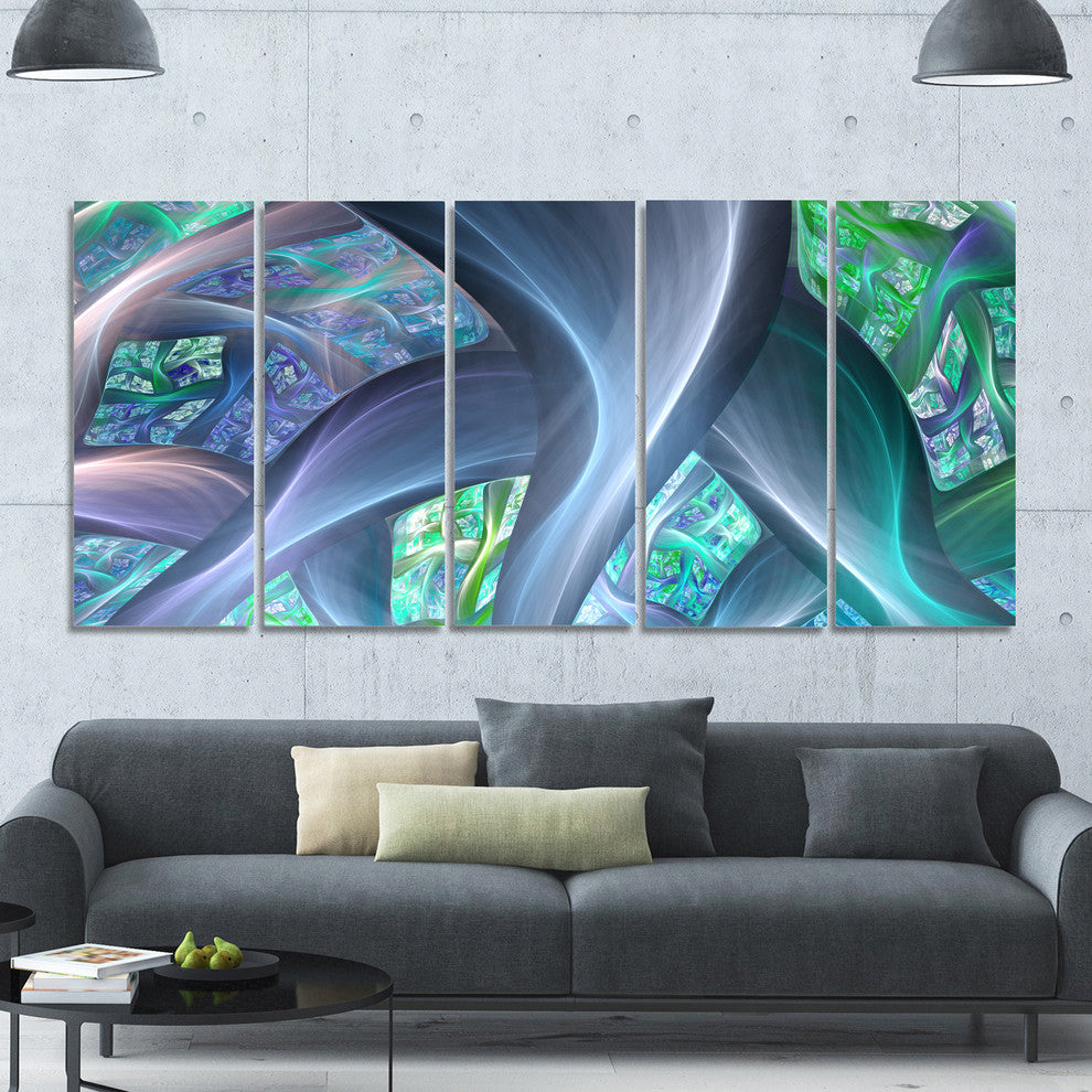Blue Fractal Exotic Plant Stems, Abstract Canvas Art Print, 60"x28", 5 Panels