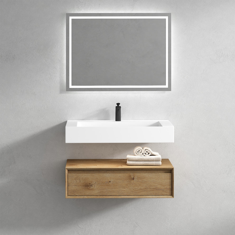 Alysa 36" Floating Bath Vanity, Acrylic Sink/Single Faucet Hole, White Oak