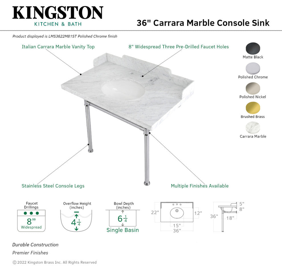 Kingston Brass LMS3622M80ST 36" Carrara Marble Console Sink, Legs