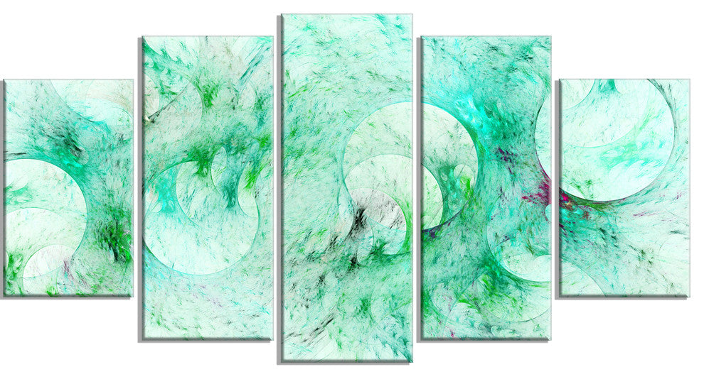 Green Circles Fractal Texture, Contemporary Canvas Art Print, 60"x32", 5 Panels