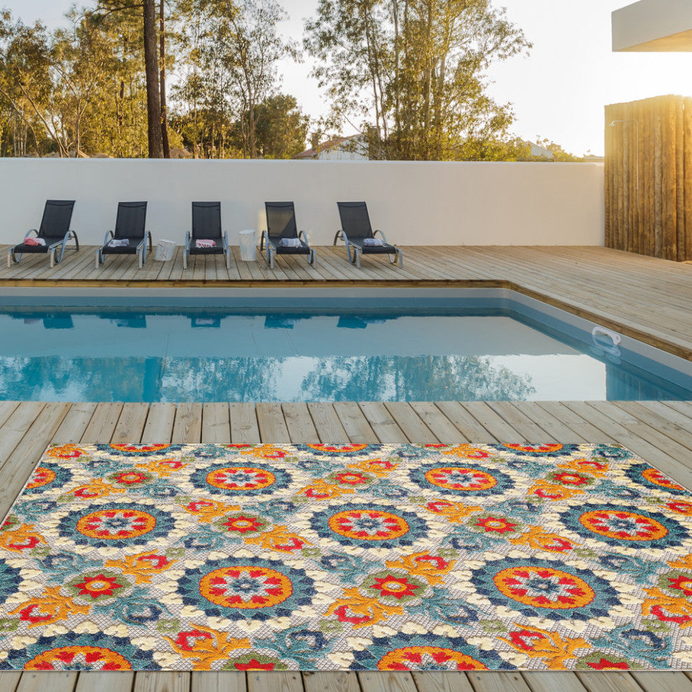 8"x10" Orange Floral Lattice Indoor Outdoor Area Rug