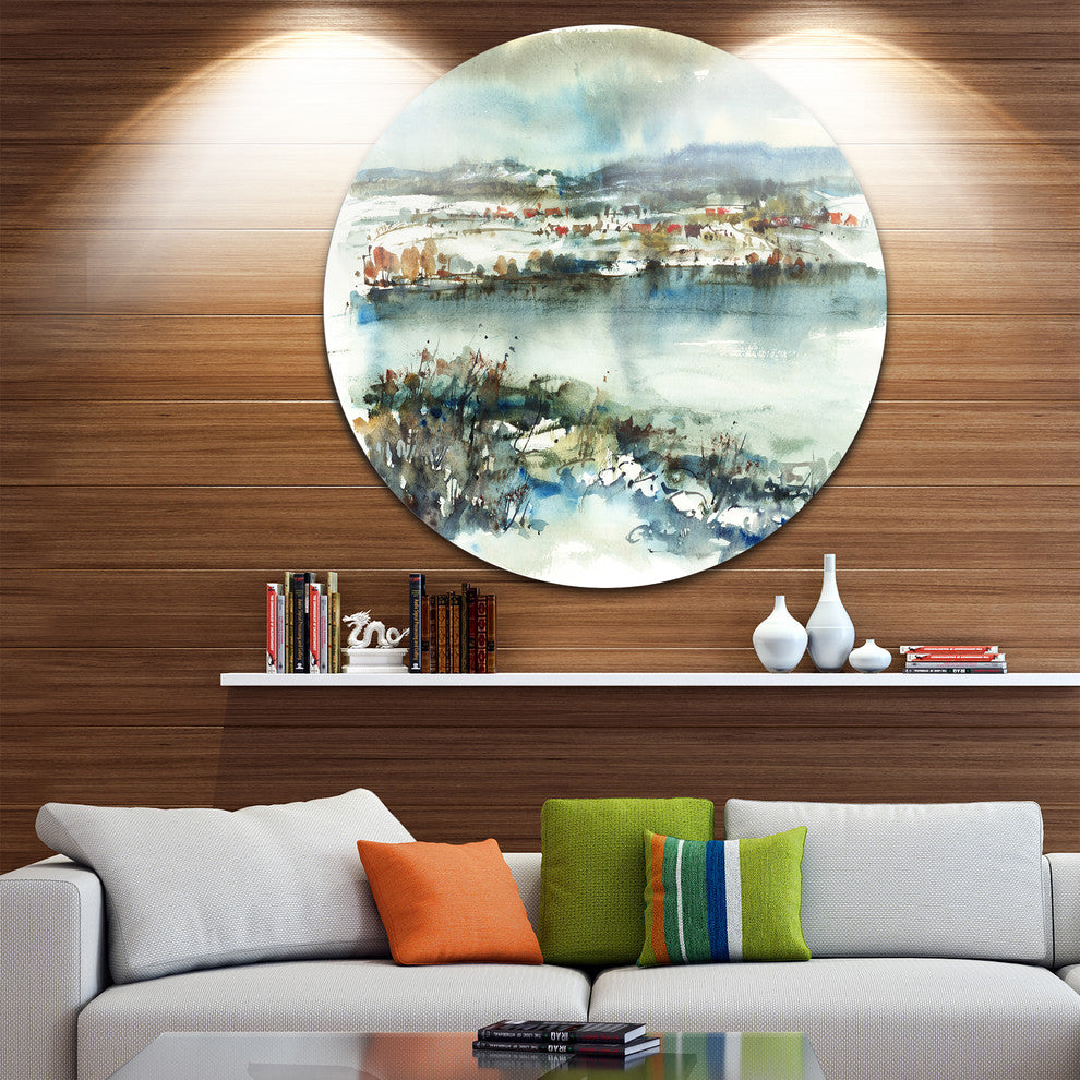 Blue Winter Lake Watercolor, Landscape Painting Disc Metal Artwork, 11"