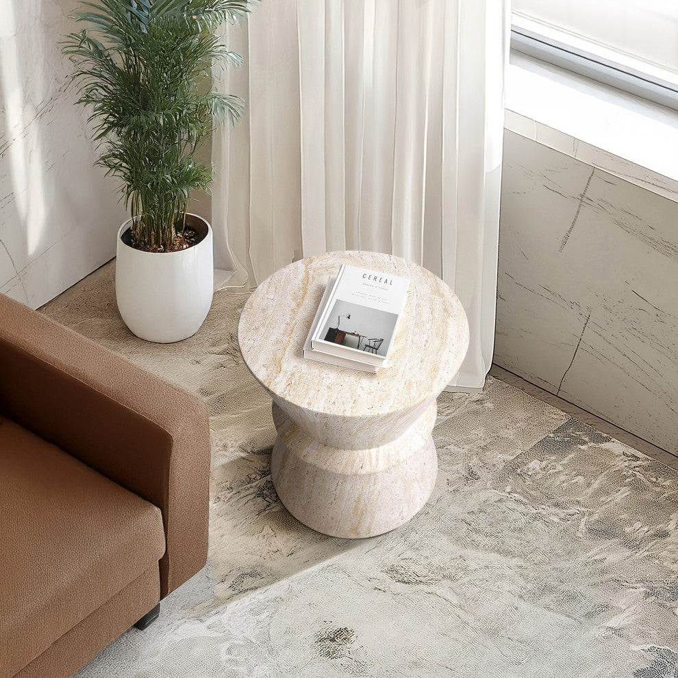 Hourglass Travertine Stone Finish Italian Design MgO Side Accent Table
