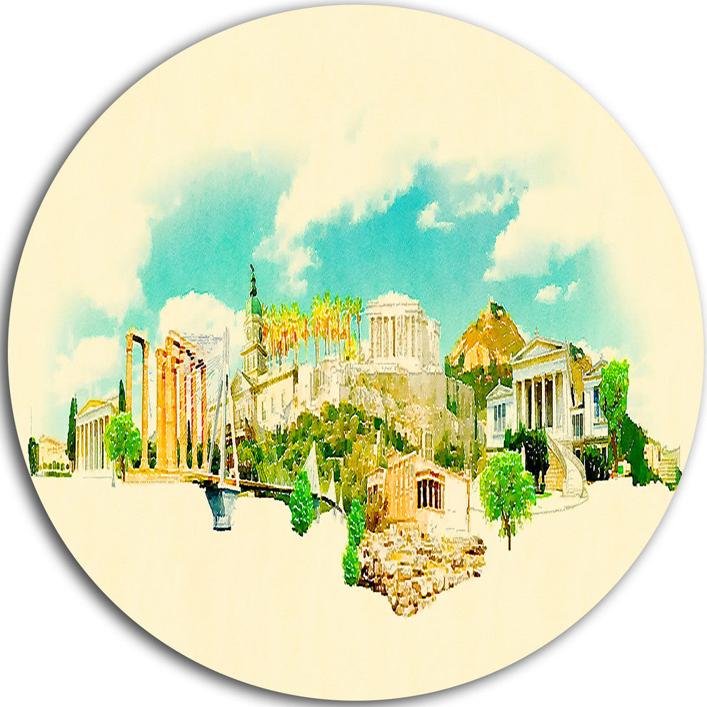 Athens Panoramic View, Cityscape Watercolor Disc Metal Wall Art, 36"