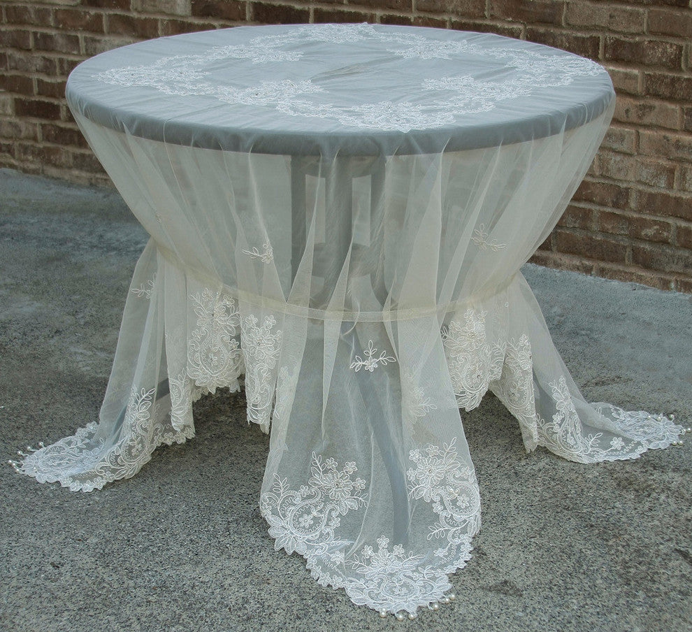 Paisley Lace Embroidered Tablecloth With Beaded Accents, 80"x80"