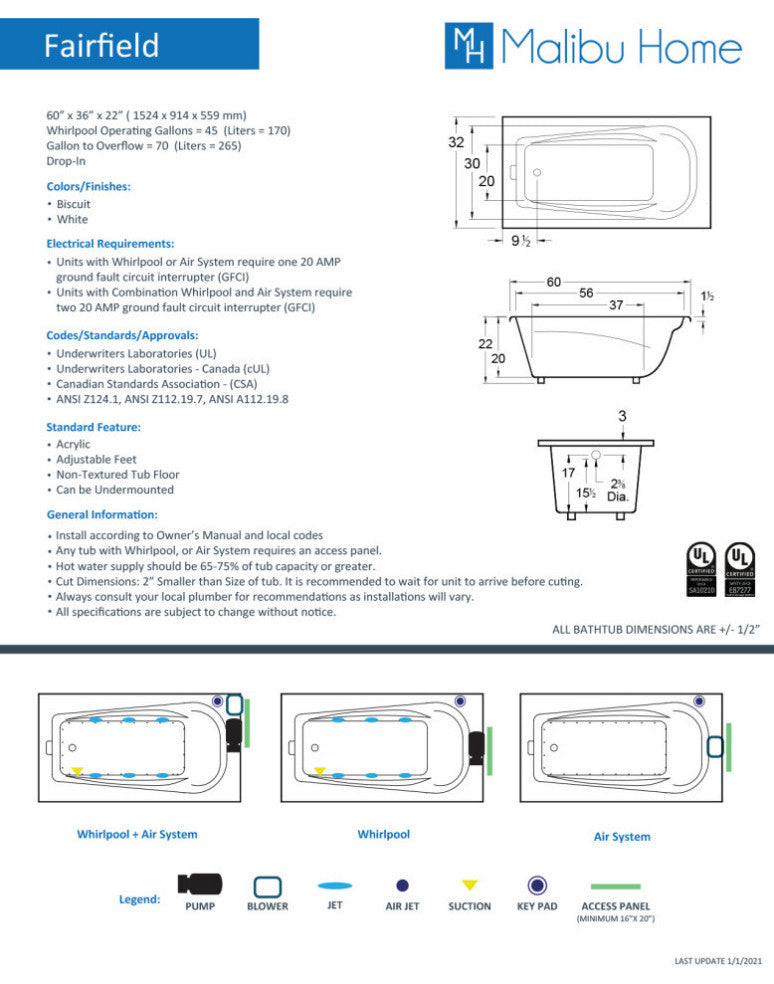 Malibu Fairfield Rectangle Massaging Air Jet Bathtub 60x36x22 Biscuit