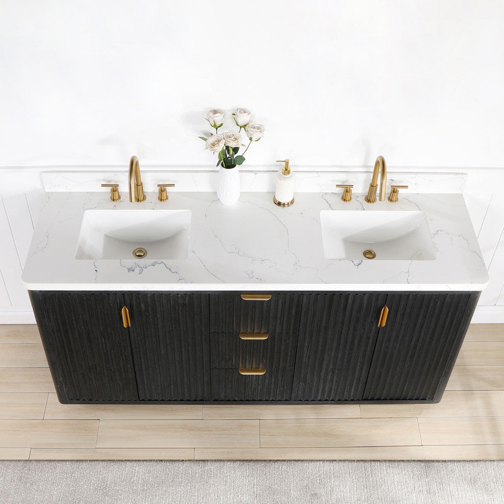 Vinnova Cadiz Bath Vanity, Composite Stone Top, Black, 72", No Mirror